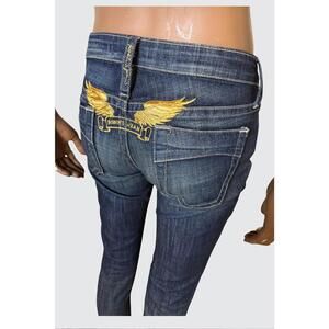 Robin's Jean Dark Wash Denim Jeans with Gold Wing Embroidery low rise